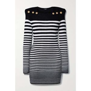 BALMAIN Button-embellished striped ribbed cotton-blend mini dress